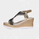 Women’s orthopedic platform sandals, black mesh and gold straps, open toe, textured platform