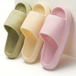 Summer slip-on sandals with thick sole, ribbed straps in pale green, cream, and pink.