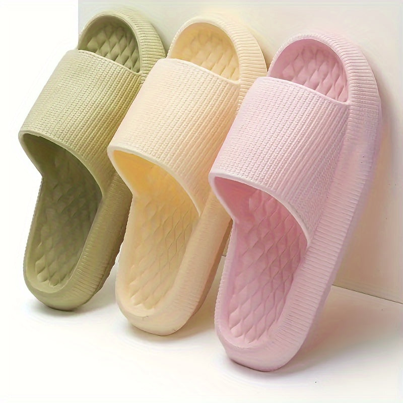 Summer slip-on sandals with thick sole, ribbed straps in pale green, cream, and pink.