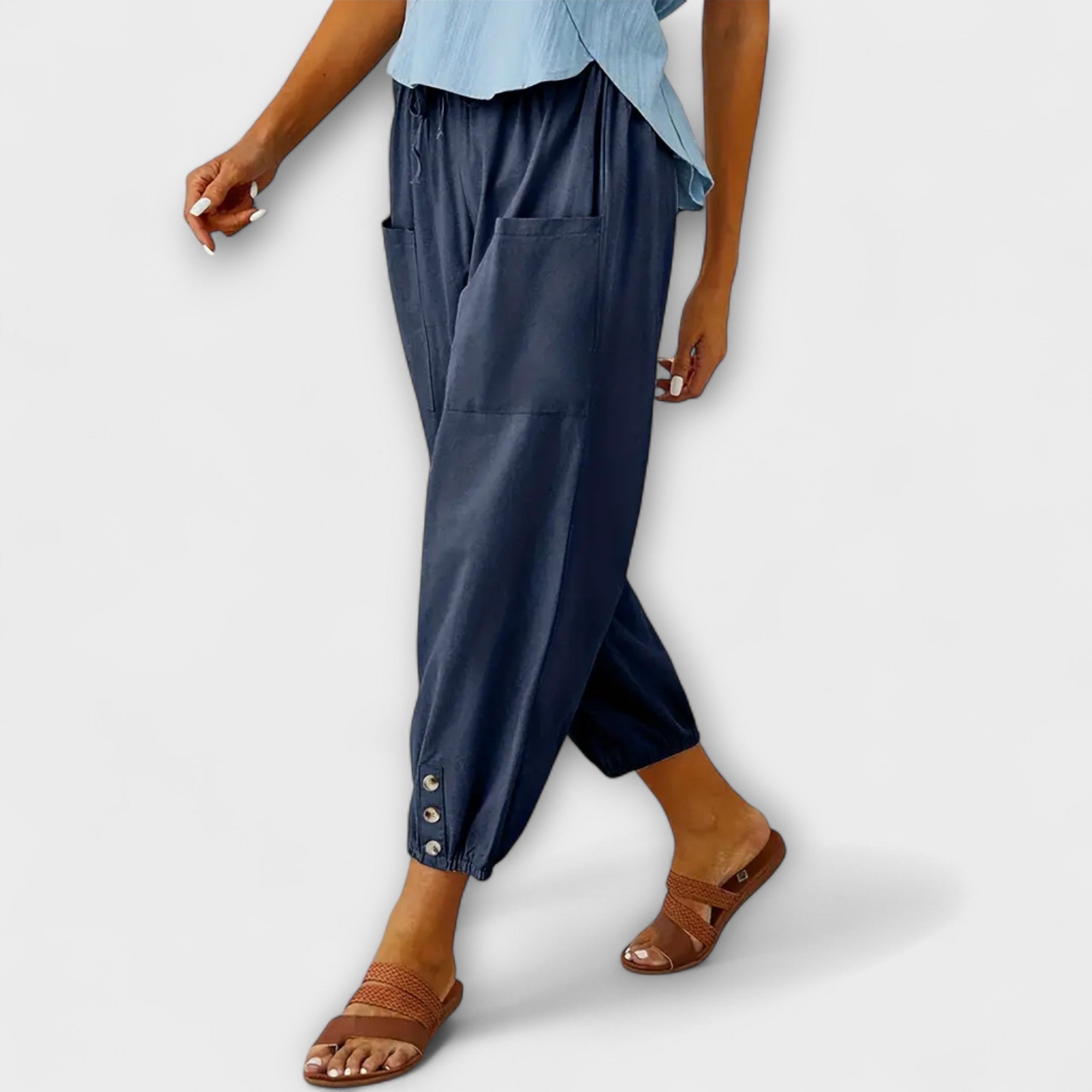 Navy blue harem pants with side pockets and button-tab cuffs, relaxed loose fit
