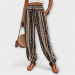 Black and brown striped ethnic harem pants with elastic waistband and elastic ankle cuffs