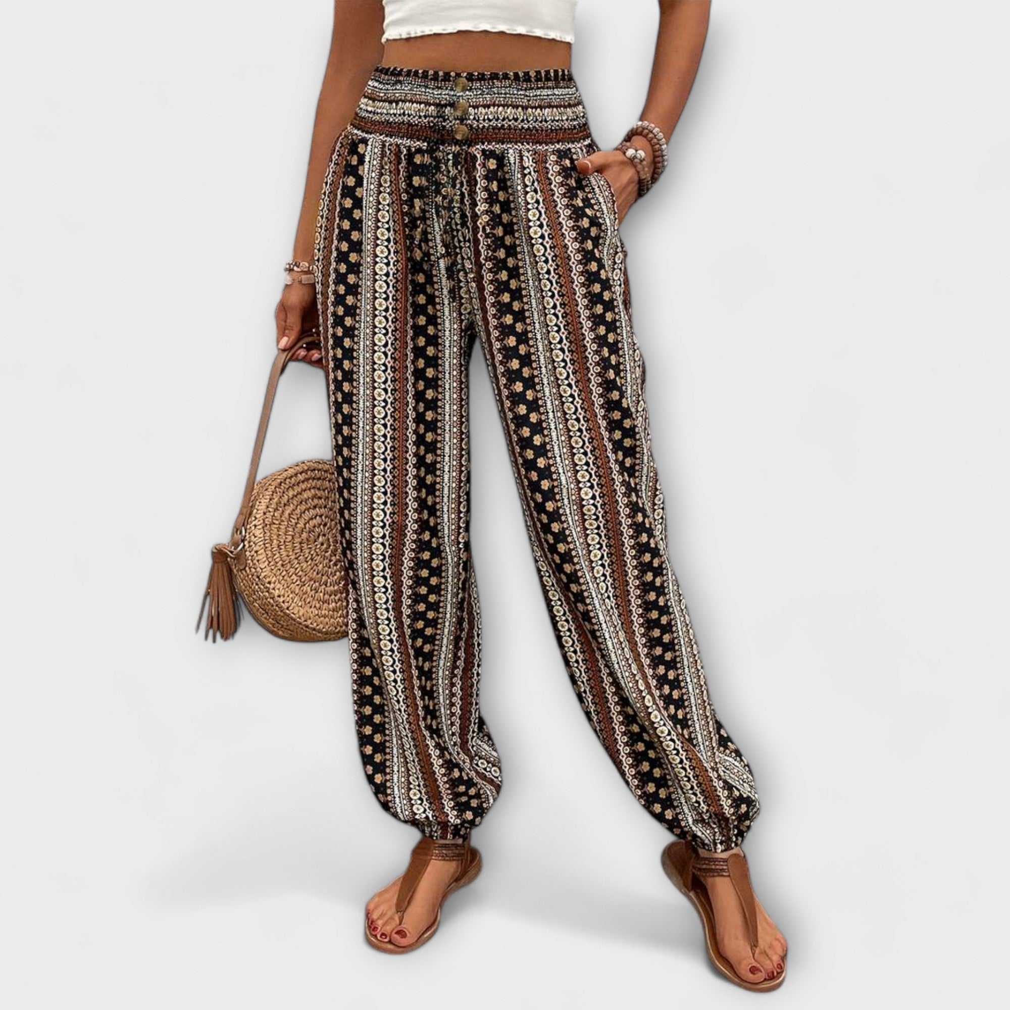 Black and brown striped ethnic harem pants with elastic waistband and elastic ankle cuffs