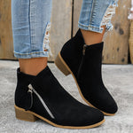 Black suede orthopedic ankle boots with side zip and low wooden block heel.