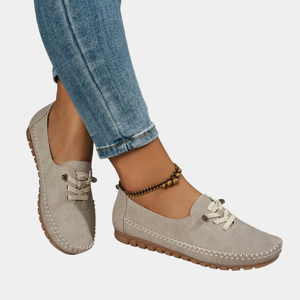 Beige suede-look lace-up slip-on loafer shoes with textured rubber outsole