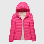 Lightweight puffer jacket with hood, bright pink, full-zip front and quilted panels