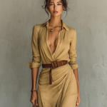 Khaki V-neck maxi dress with button front, 3/4 sleeves, and brown waist belt