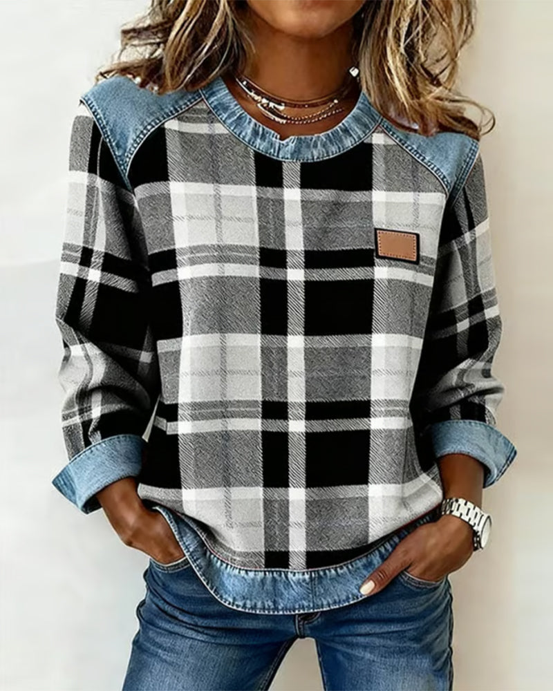 Women’s flannel pullover with black-and-white plaid, denim collar and chest patch