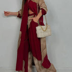 Burgundy and beige patchwork print top and wide-leg pants set with open front