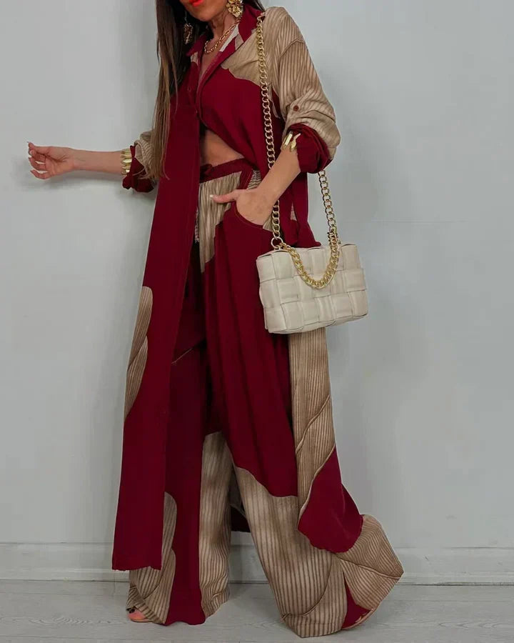 Burgundy and beige patchwork print top and wide-leg pants set with open front