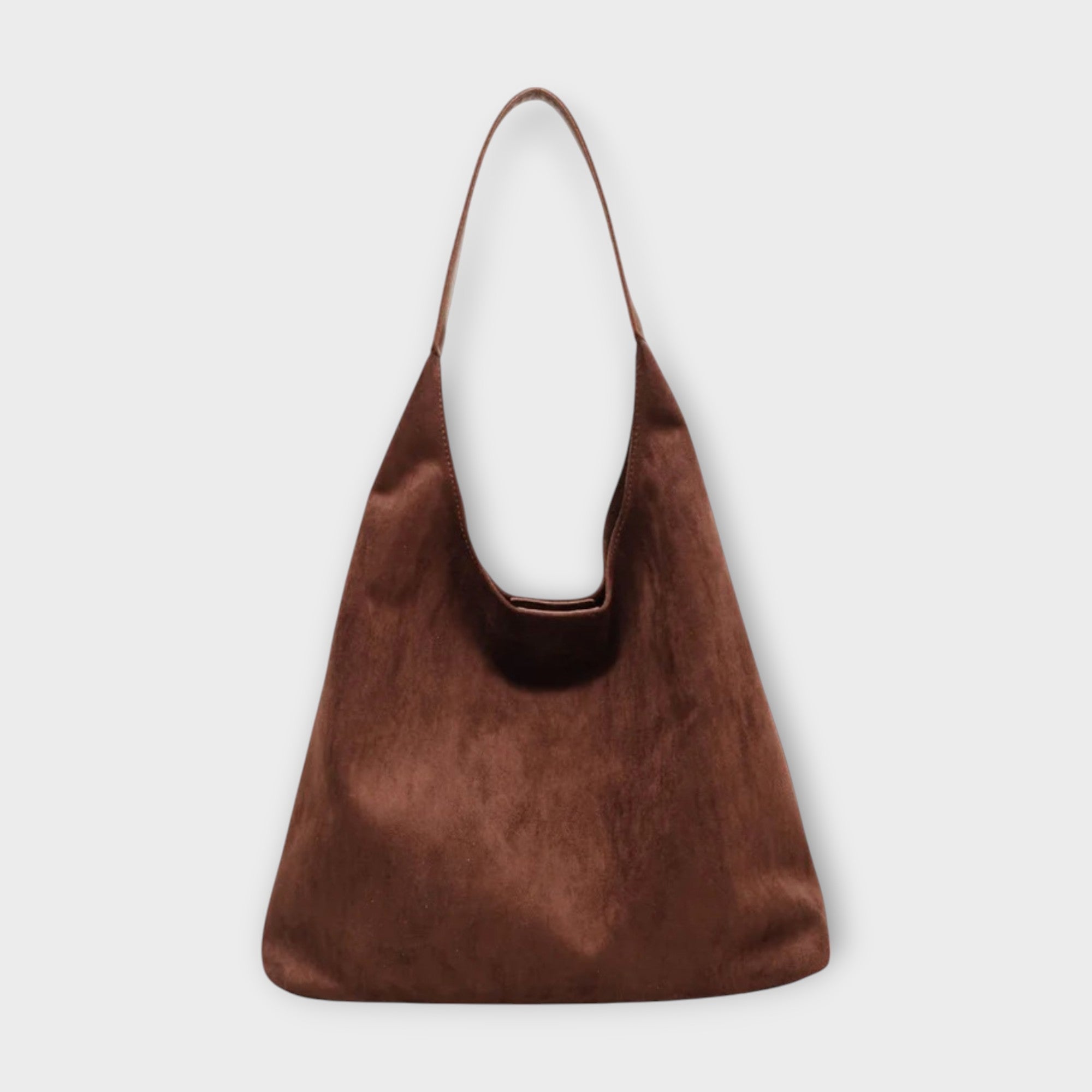 Suede hobo-style handbag, dark brown with top handle and curved opening