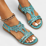 Orthopedic boho sandals turquoise with rhinestone flower straps and gold chain detail