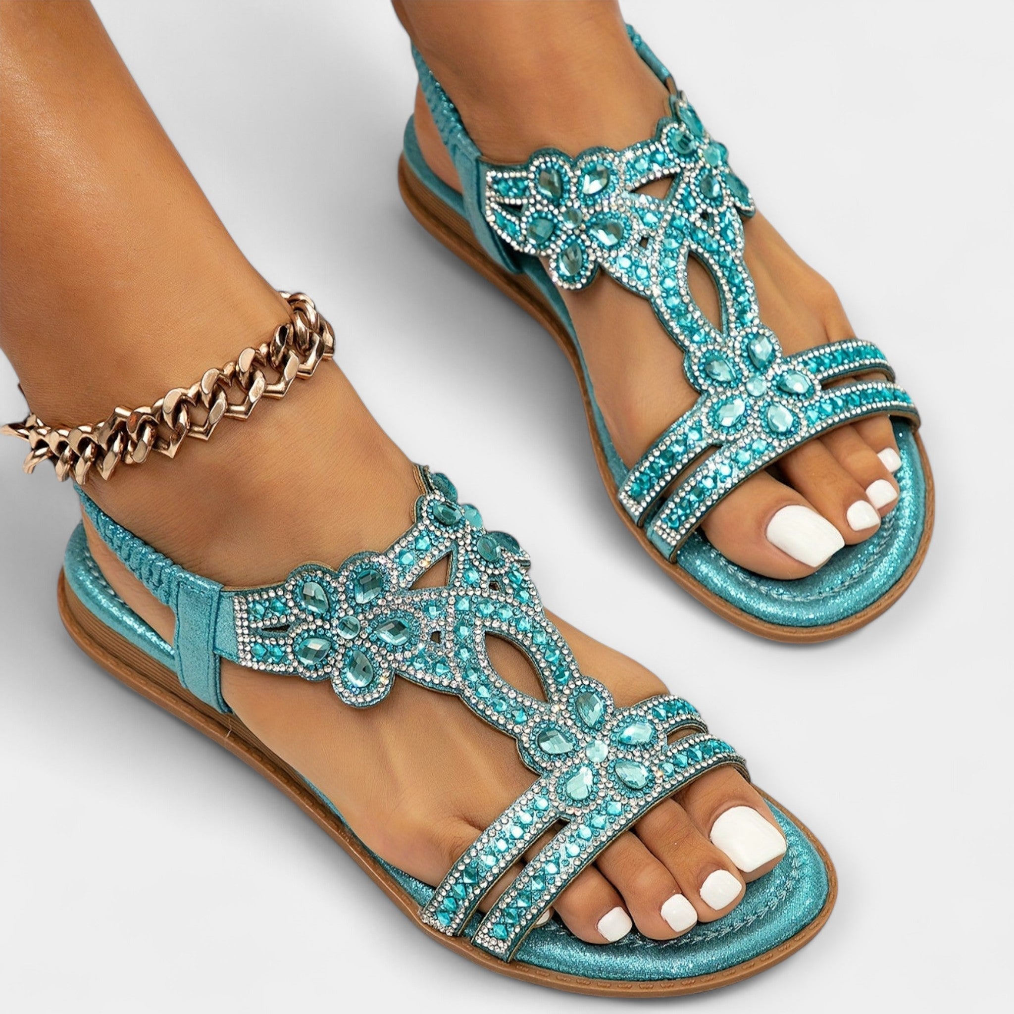 Orthopedic boho sandals turquoise with rhinestone flower straps and gold chain detail