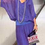 ESMERALDA chiffon set: purple V-neck blouse and wide-leg pants