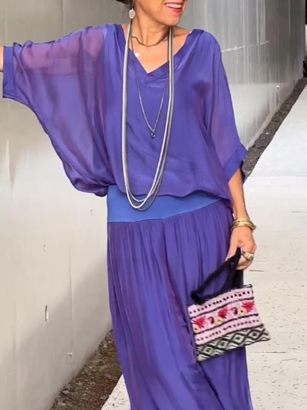 ESMERALDA chiffon set: purple V-neck blouse and wide-leg pants