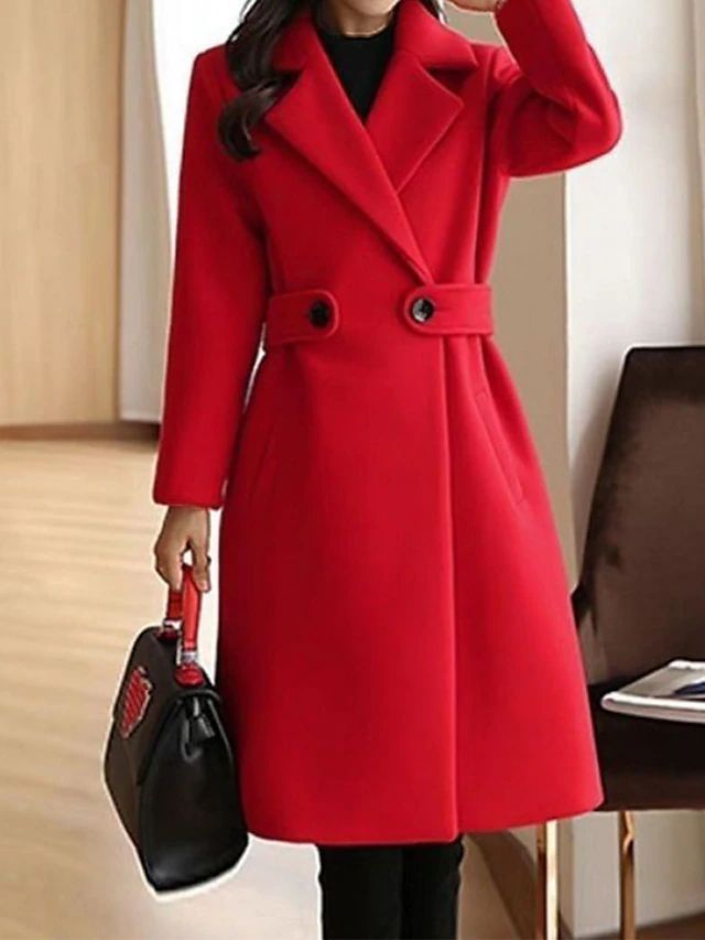 Red winter coat with notch lapels, waist belt, and front button closure