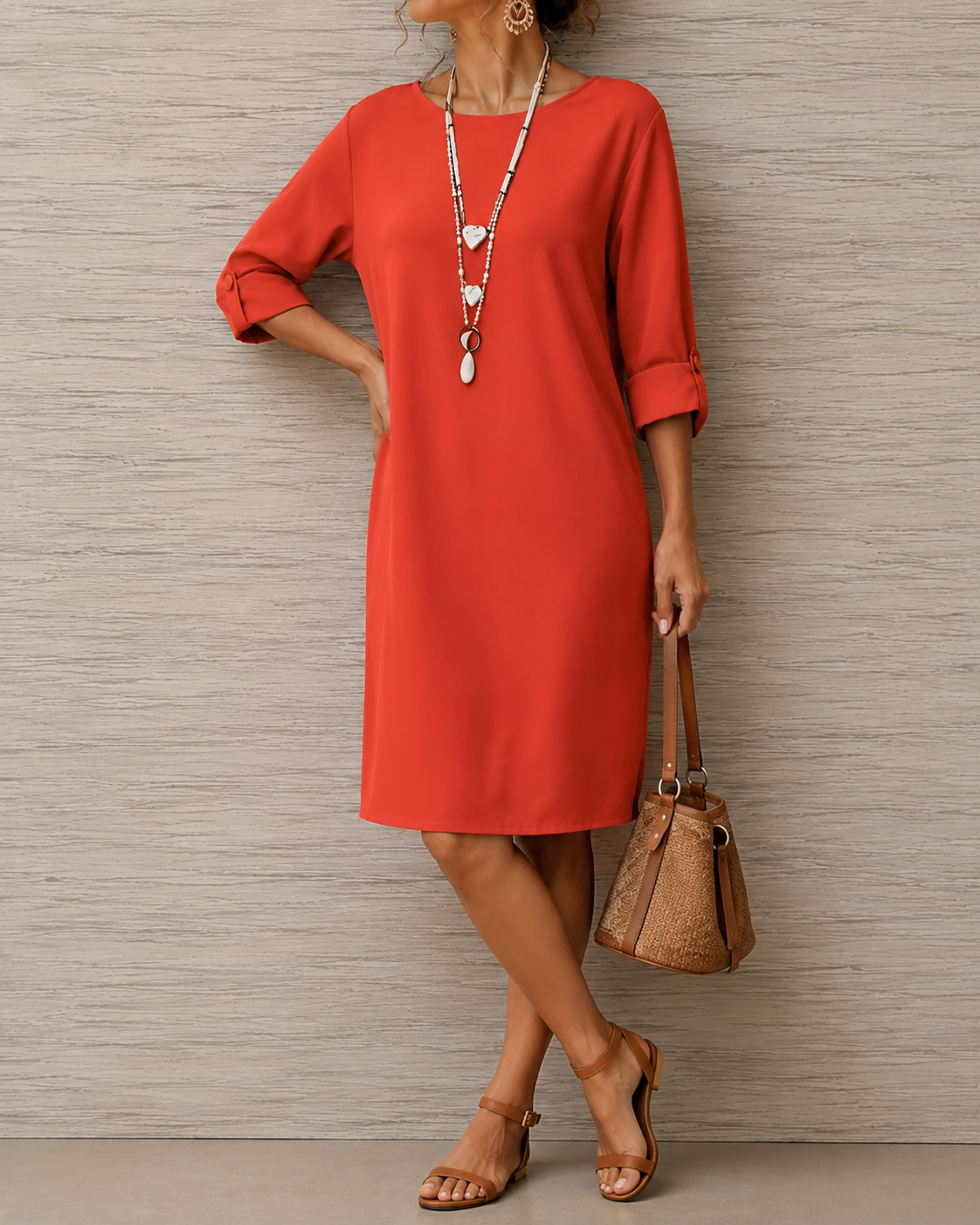 Red midi shift dress with 3/4 sleeves and round neckline