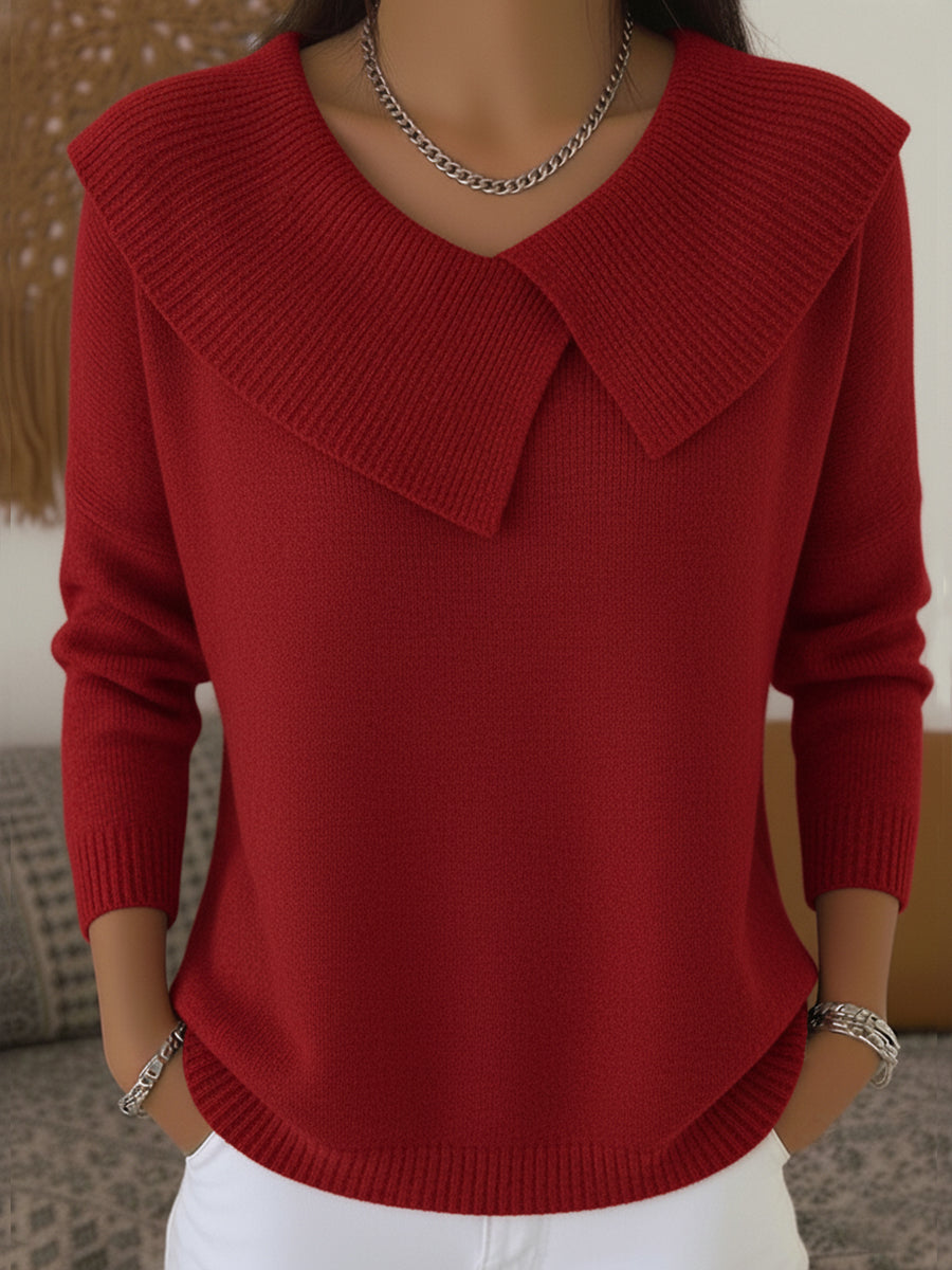 Red knit sweater with soft fold-over collar and V-neck, long sleeves