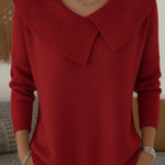 Red knit sweater with soft fold-over collar and V-neck, long sleeves