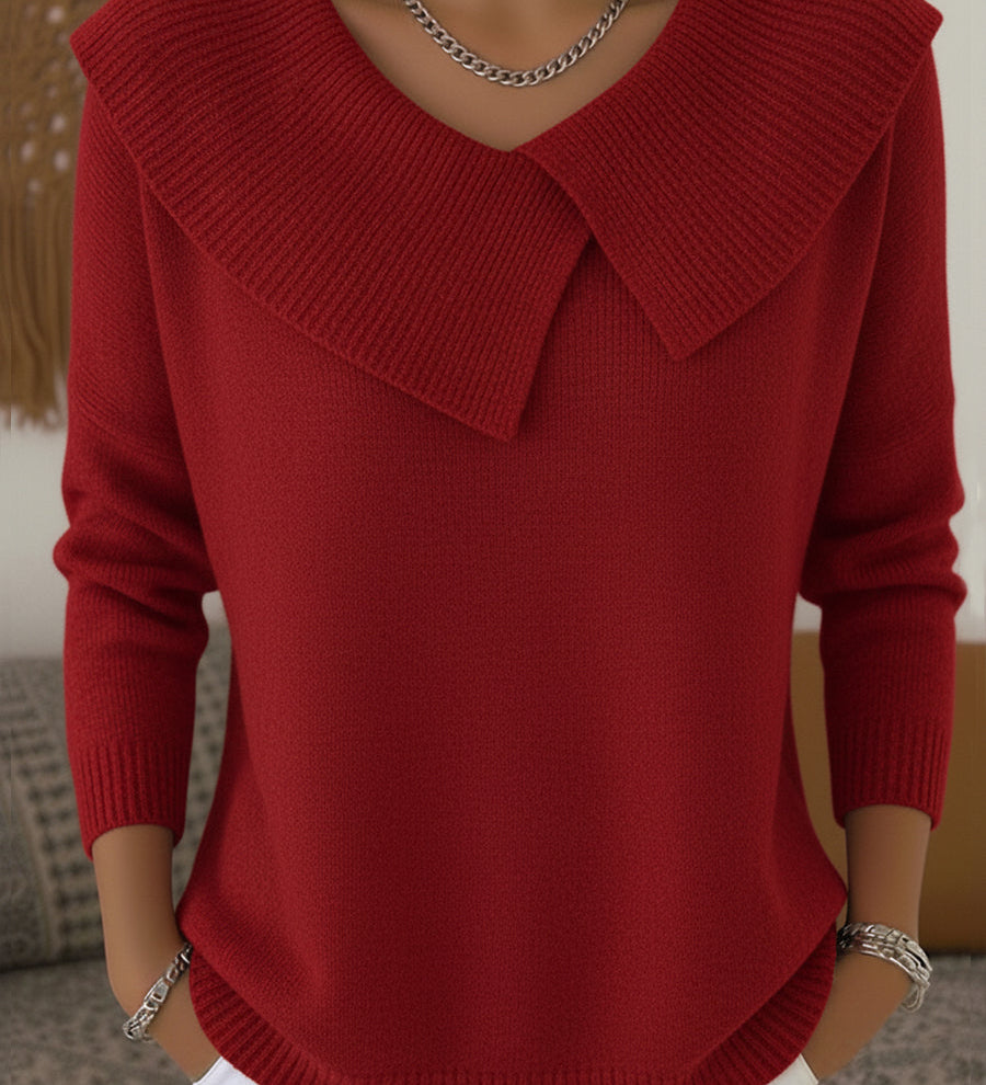Red knit sweater with soft fold-over collar and V-neck, long sleeves