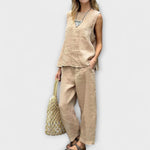 Beige sleeveless tunic top and matching wide-leg pants, linen-cotton blend