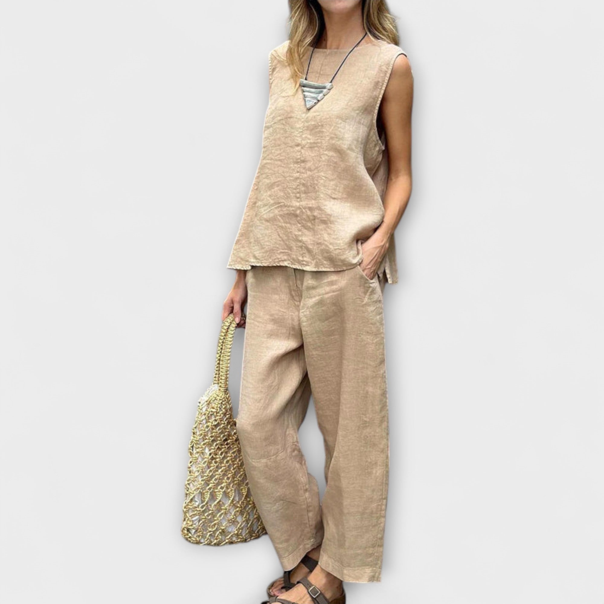 Beige sleeveless tunic top and matching wide-leg pants, linen-cotton blend