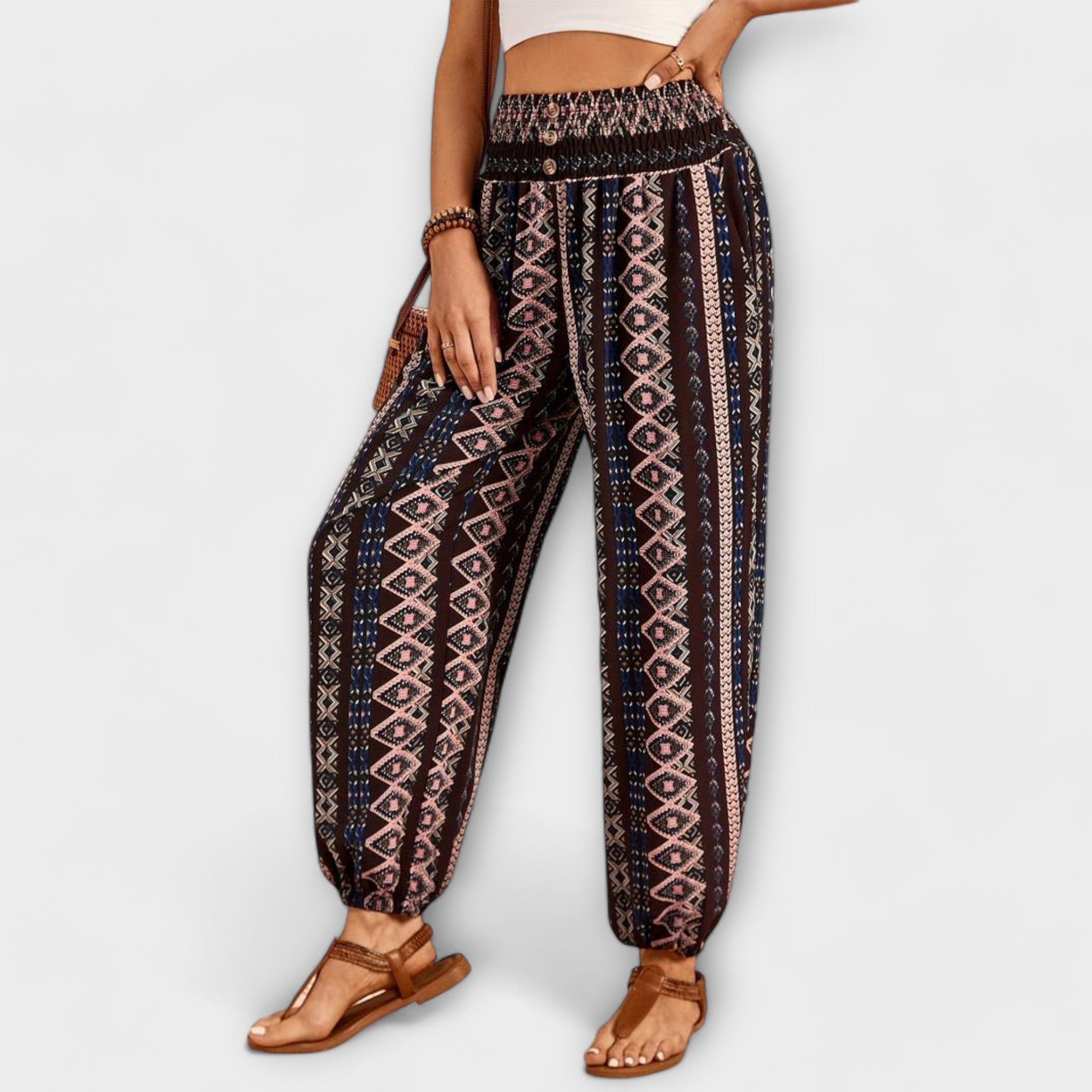 Dark navy ethnic harem pants with vertical diamond embroidery and elastic waistband