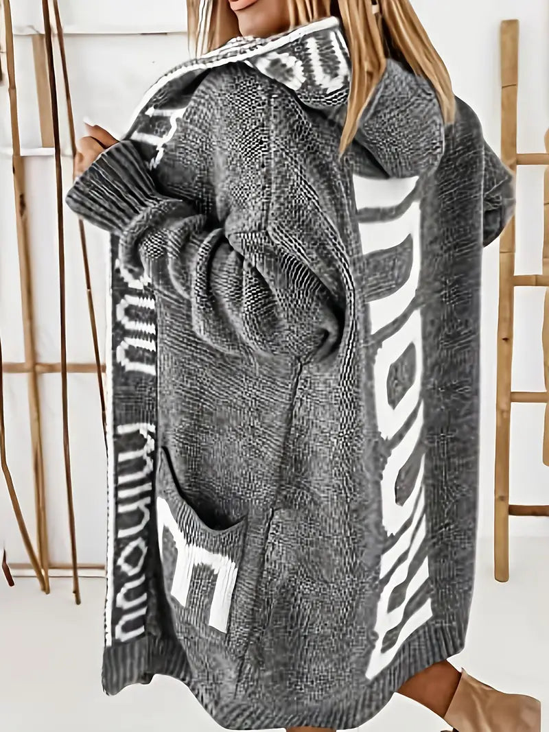 Charcoal-gray hooded knit cardigan with white geometric bands, long sleeves, open front
