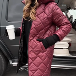 Hooded puffer coat, maroon pink, diamond quilting, zip front, model standing