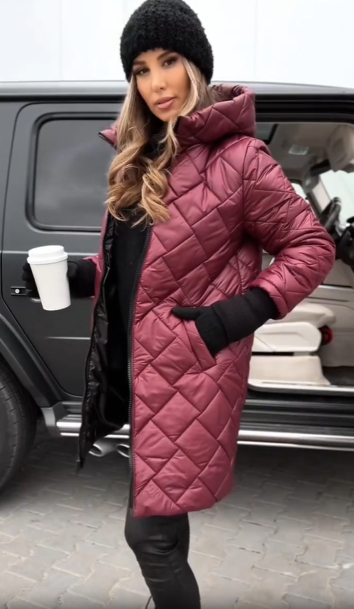 Hooded puffer coat, maroon pink, diamond quilting, zip front, model standing