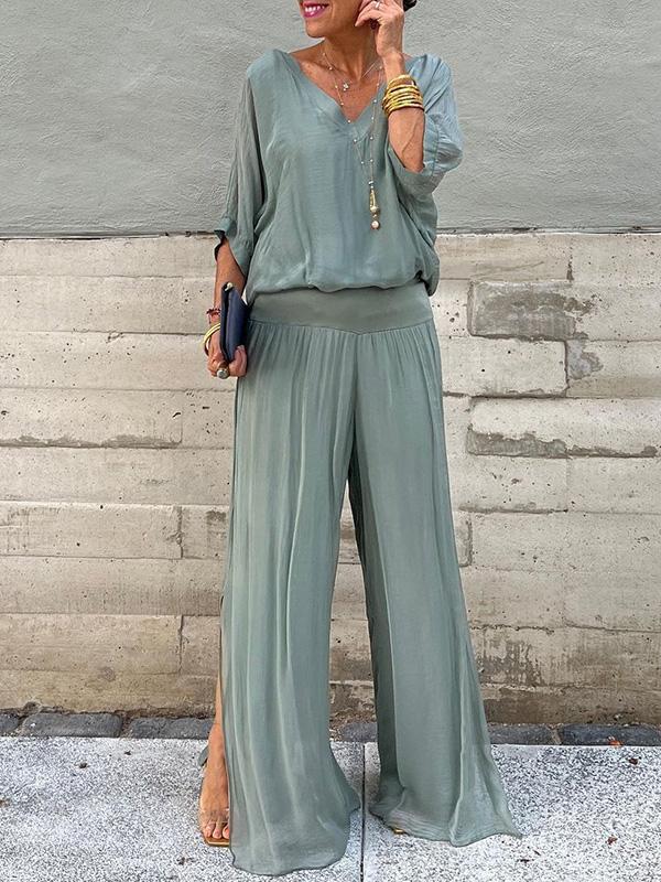 Two-piece chiffon set with V-neck blouse and wide-leg pants, sage green.