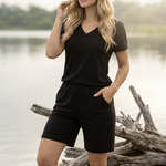 Black cotton V-neck short-sleeve T-shirt and drawstring shorts set, relaxed fit