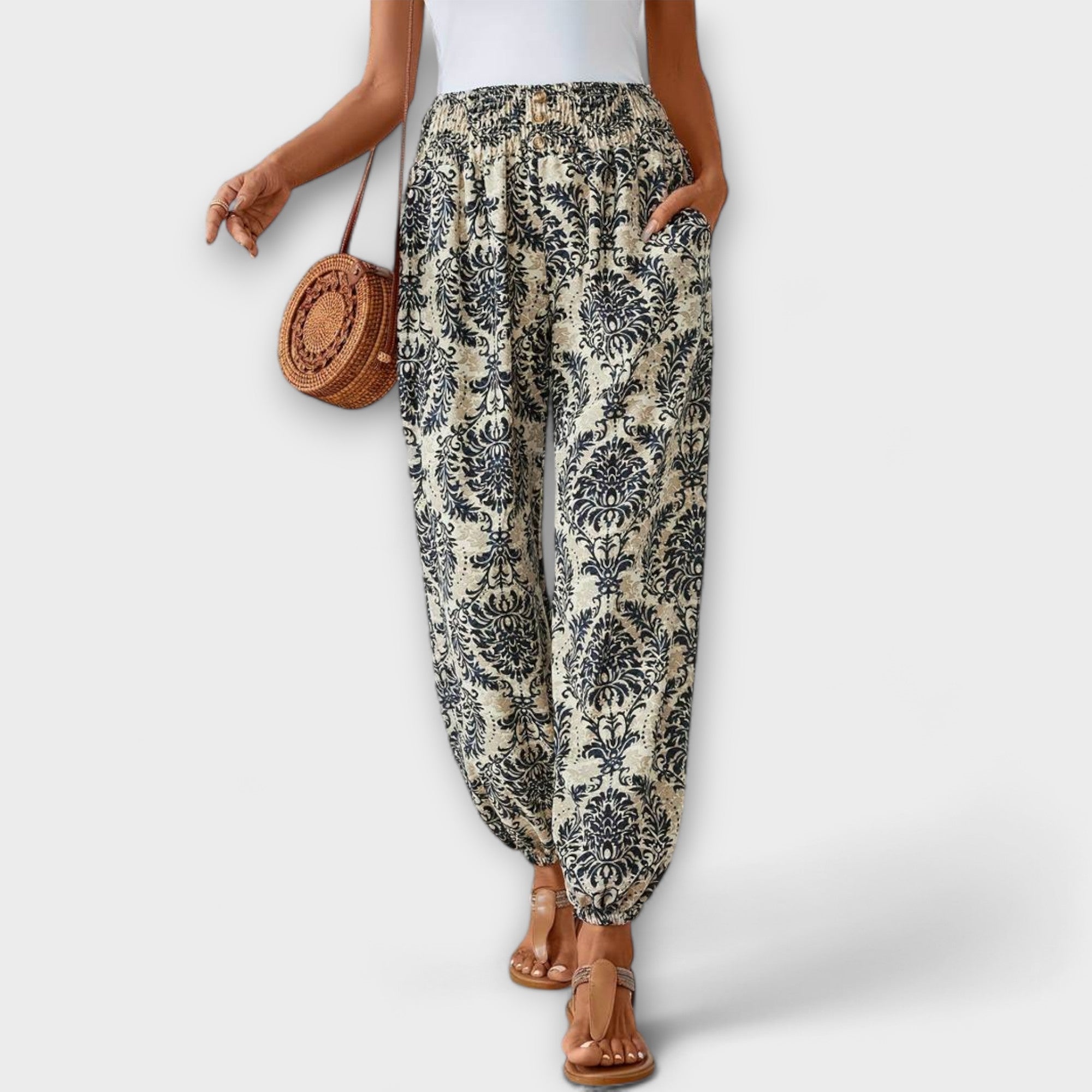 Cream and navy damask print balloon harem pants with elastic waistband