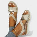 Roman knit sandals, cream strappy design with silver ring buckle and espadrille wedge