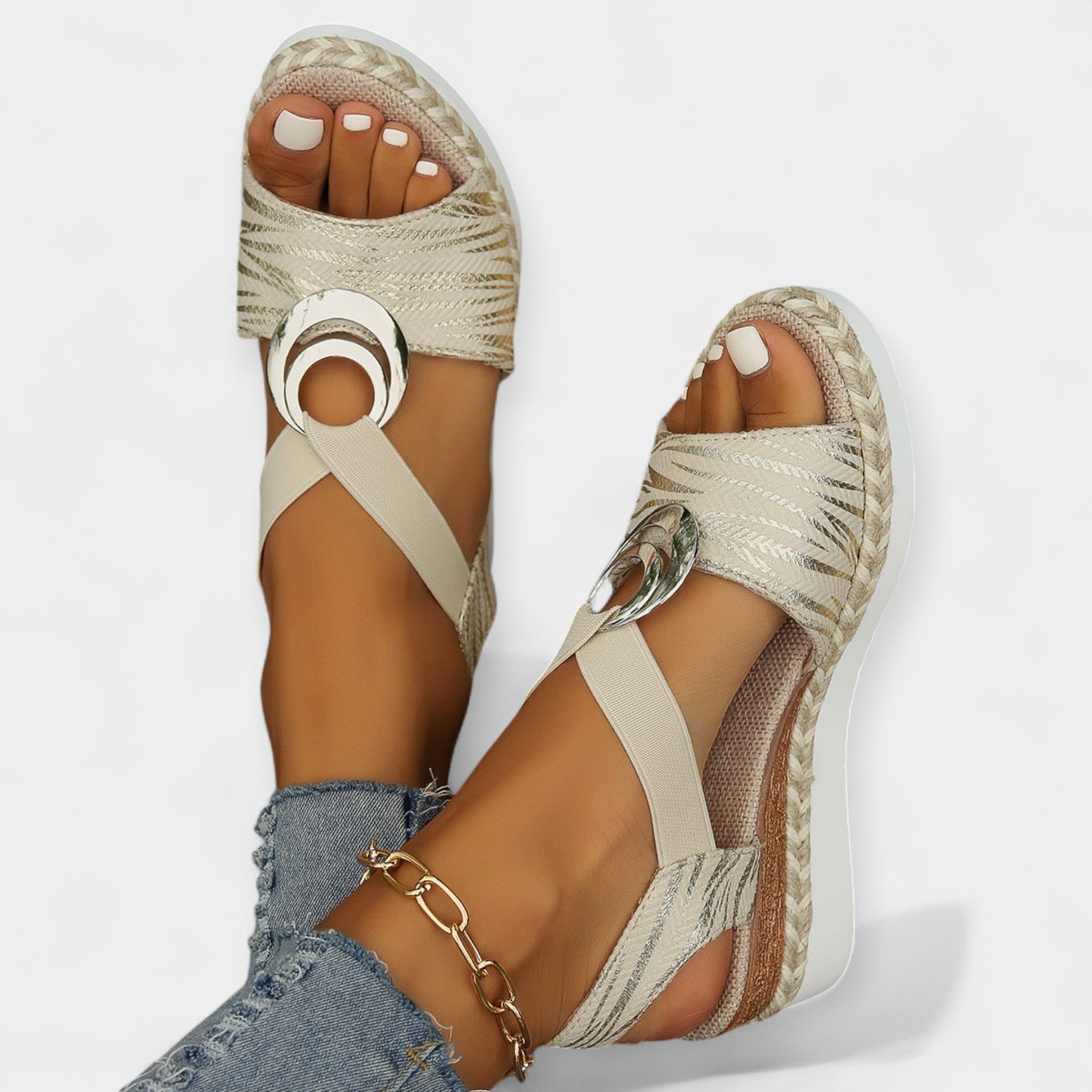 Roman knit sandals, cream strappy design with silver ring buckle and espadrille wedge