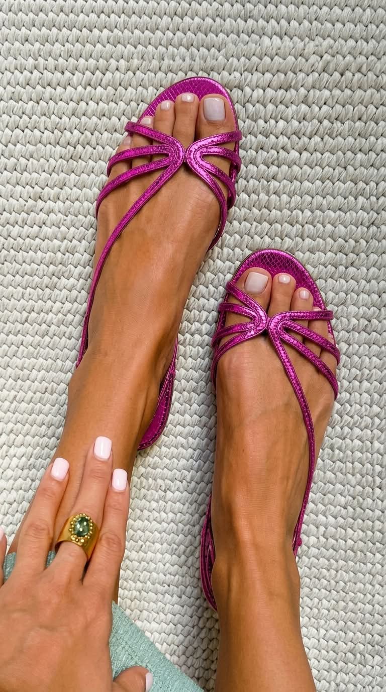 Metallic magenta strappy flat sandals with bow-style toe ornament