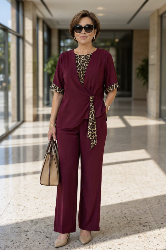 Burgundy two-piece pantsuit with V-neck top and leopard-print tie detail