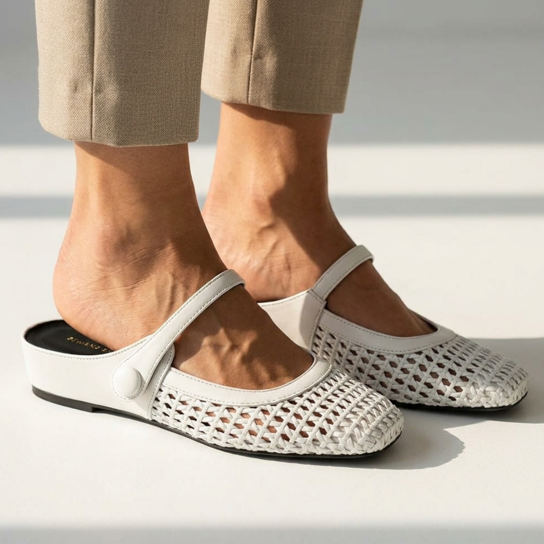 Sophia square-toe loafers in white mesh, low flat sole, adjustable strap