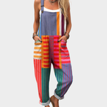 Multicolor striped printed loose overalls with adjustable straps and wide legs