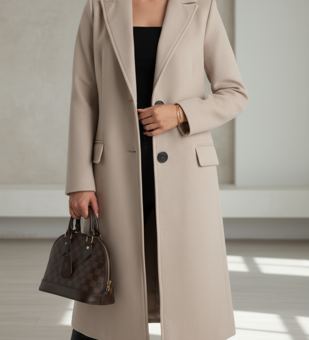 Women’s beige long tailored coat with notched lapels, front buttons, and flap pockets