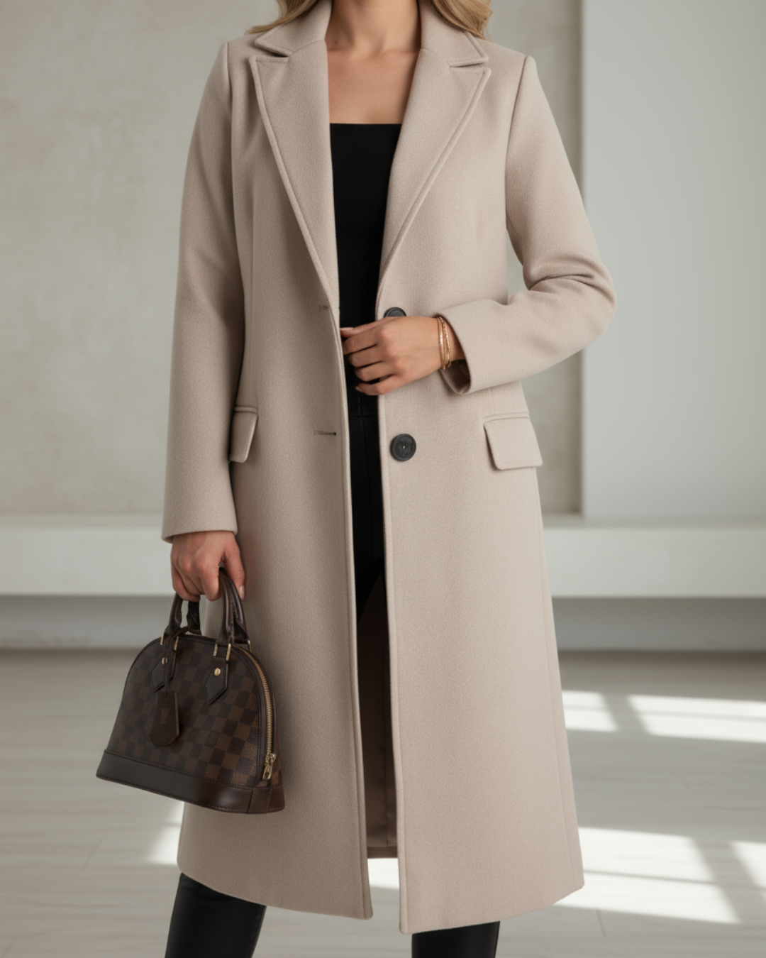 Women’s beige long tailored coat with notched lapels, front buttons, and flap pockets