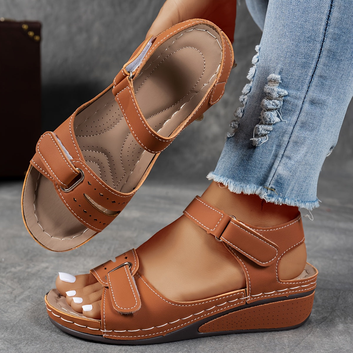 Tan/orange orthopedic comfort sandals with hook-and-loop straps and cushioned wedge sole