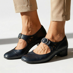 Leni pointed-heel shoes in dark blue with instep cutout strap and round buckle