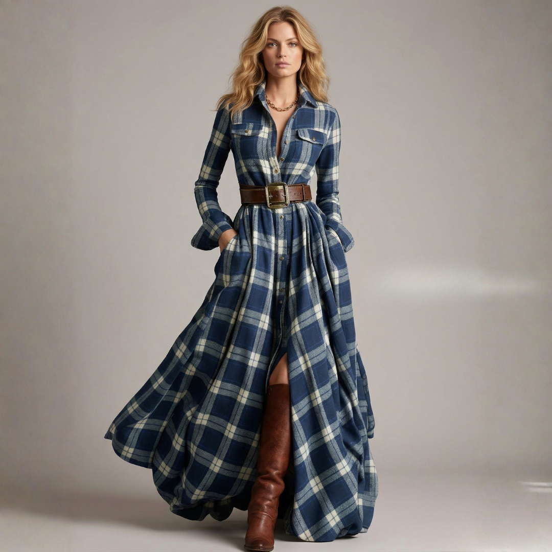 Blue plaid belted maxi shirt dress with long sleeves, front buttons, and flared skirt