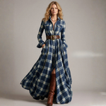 Blue plaid belted maxi shirt dress with long sleeves, front buttons, and flared skirt