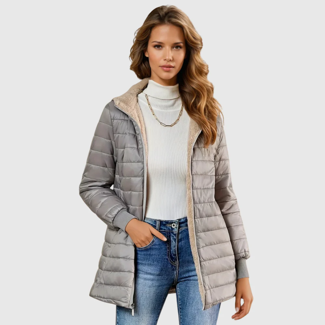Puffy winter coat in light gray, quilted puffer with sherpa-lined hood and zip pockets