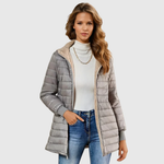 Puffy winter coat in light gray, quilted puffer with sherpa-lined hood and zip pockets