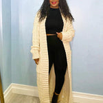 Women's long cream textured cardigan with open front and long sleeves