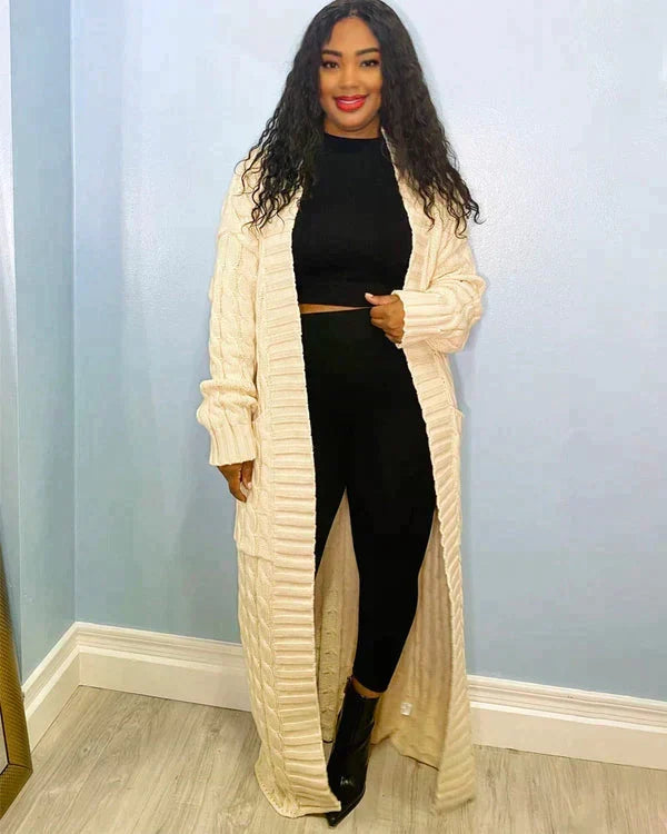Women's long cream textured cardigan with open front and long sleeves