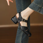 Black natural leather sandals with buckle ankle strap and chunky block heel