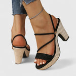 Black orthopedic heeled sandals with ankle strap, open toe, textured platform